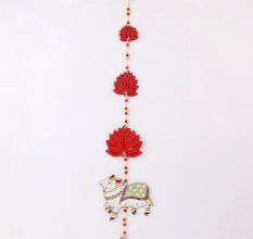 Handmade Wooden Cow and Lotus Wall Hanging for Home Decor - Red, Pink
